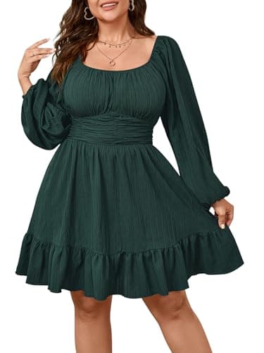 Womens Plus Size Dress Casual Long Lantern Sleeve Square Neck Textured Ruffle Flowy Ruched A-Line Mini Dresses for Women Green