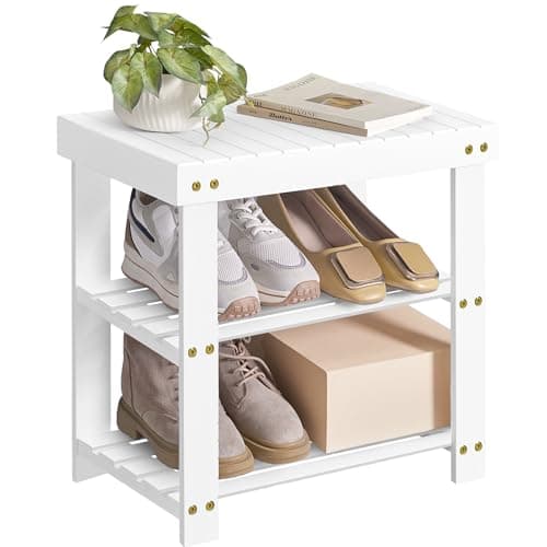 SONGMICS Shoe Rack Bench, 3-Tier Bamboo Shoe Storage Organizer, Entryway Bench, Holds Up to 286 lb, 11.3 x 19.7 x 17.8 Inches, for Entryway Bathroom Bedroom, Cloud White ULBS001W01