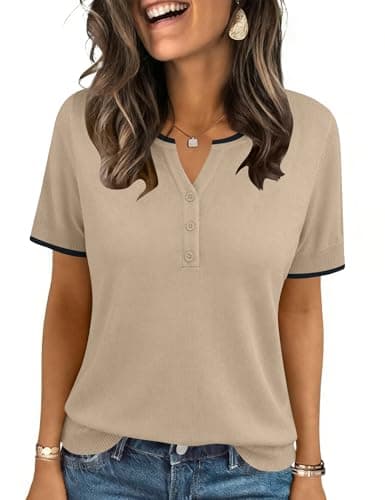 LOMON Womens V Neck Sweater Short Sleeve Summer Fall Tops Dressy Fashion Ladies Top Pullovers(Apricot Black,M)
