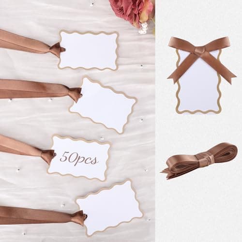 Babenest 50pcs Scallop Name Place Cards for Table Setting Wedding Placecards with Elegant Stain Ribbon Hanging Gift Tags for DIY Dinner Banquet Party Celebration Supplies 3.54 x 2.36 In (Golden Brown)