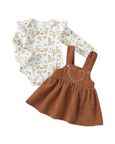 Kucnuzki Infant Baby Girl Clothes 6 Months Gifts Long Sleeve Ruffle Romper shirt Brown Suspender Overall Dress Fall Outfits 3-6 Month Baby Girl Clothing
