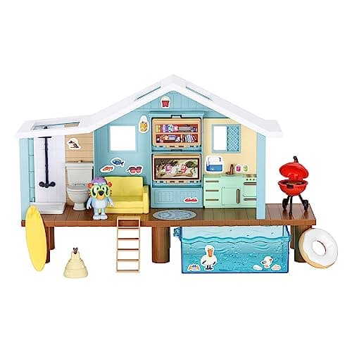 Bluey Beach Cabin Playset, 10”, Customizable Toddler House Playset with 10 Play Pieces and 2.5” Goggles Figure, Toy Houses for Kids Ages 3+