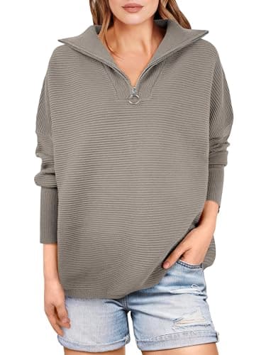 ANRABESS Women Quarter Zip Oversized Casual Loose Rib Knit Cozy Pullover Sweaters Top 2026 Fall Fashion Outfits Clothes V Neck Long Sleeve Sweaters Grey Khaki Medium