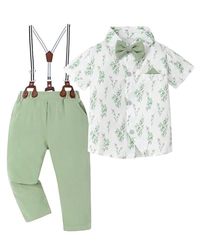 DISAUR Baby Boy Clothes Suits Printed Shirt Aqua Green Suspender Pant Cute Birthday Outfit For Kids 3t 4t 3-4t