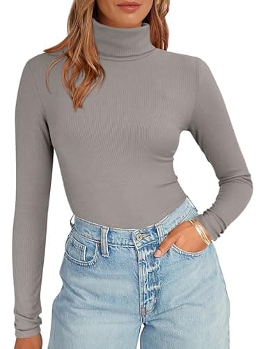 ANRABESS Women's Long Sleeve Turtleneck Shirts Casual Ribbed Basic Tee Slim Soft Thermal Tops 2026 Fall Going Out Clothes Gray Khaki Medium