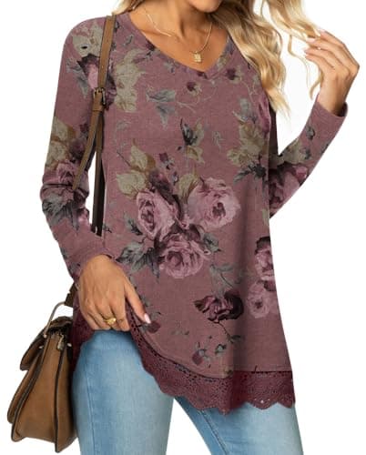 Netsmile Women's Plus Size Tops Fall Long Sleeve Tunics Loose Dressy Casual Shirts Lace Hem Sweatshirt for Leggings, XL, Bean-Rose Red