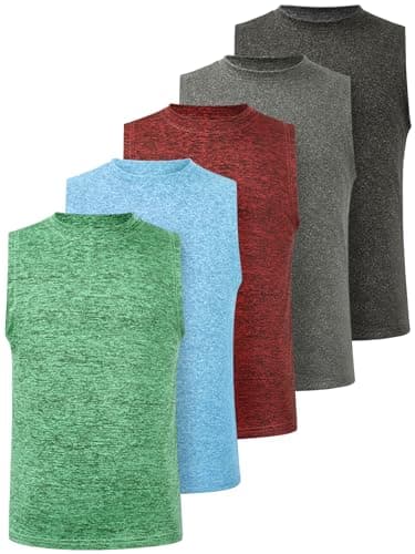 Femdouce 5 Pack Boys Athletic Sleeveless Tank Tops Workout Breathable Quick Dry Shirt Comfort Tagless Basic Boy Tank Top Black/Gray/Wine/Light Blue/Green S
