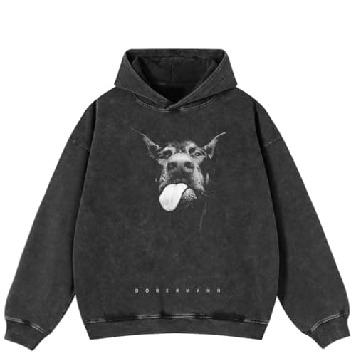 Rapidstreet Men Streetwear Retro Washed Black Hoodie Sweatshirt Funny Doberman Dog Graphic Pullover Unisex