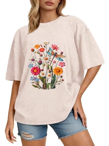 rosemia Oversized Tshirts for Women Acid Wash Short Sleeve Cotton Shirts Vintage Baggy Tops, Beige Dragonfly Flower, S