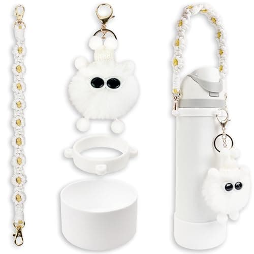 Silicone Boot Set for Owala Water Bottle 40 oz, Includes Water Bottle Handle Strap & Cartoon Charm, Perfect Owala Accessories, Fits Owala Tumbler, Owala Free Sip, for Pink owala (White)