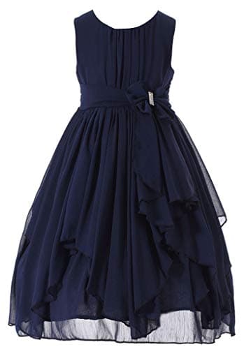 Bow Dream Flower Girls Dresses Junior Bridesmaids Little Girls Elegant Ruffle Chiffon Tea Length Navy Blue 12