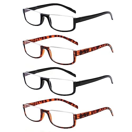 Henotin 4 Pair Reading Glasses for Women Men Readers Half Moon Frame Blue Light Blocking Spring Hinge Eyeglasses (2Black2Leopard, 3.00, diopters)