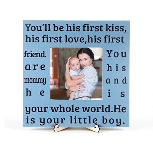 Josojoou New Mom Gifts for Women 7.9x7.9 Picture Frame, First Time Grandmother Gifts Wood Photo Frame, Boy Mom Picture Frame Wooden Pregnancy Announcement Sign, Birthday Gift Home & Desk Decor