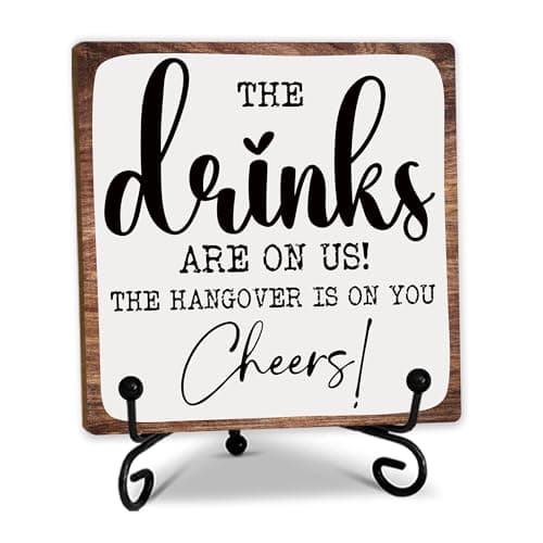 5" Funny Bar Wooden Sign With Metal Stand - The Drinks Are On Us - Rustic Bar Decoration Restroom Wood Plaque, Gift For Women & Men, Home & Office Desk Decor & Accessories - C02