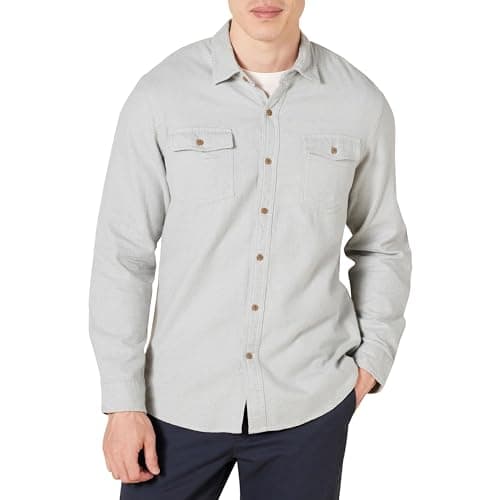 Amazon Essentials Men's Slim-Fit Flannel Long-Sleeve Button Down Shirt with Two Pockets, Light Grey Heather, Medium