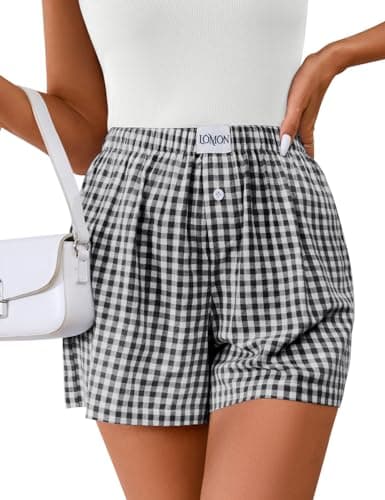 LOMON Womens Boxer Shorts Casual Summer 2026 Pajama Lounge Sleep Pj Gingham Plaid Shorts Y2K Beach Bottoms (Black White Plaid XXL)