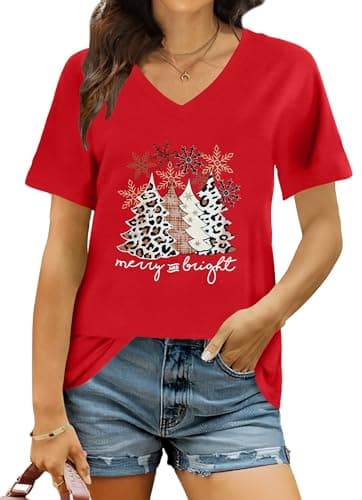 Ithalt Christmas Tree Tshirt Women Xmas Leopard Christmas Tree T-Shirts Funny Christmas Tshirts Xmas Tops(TreeRed1, Medium)