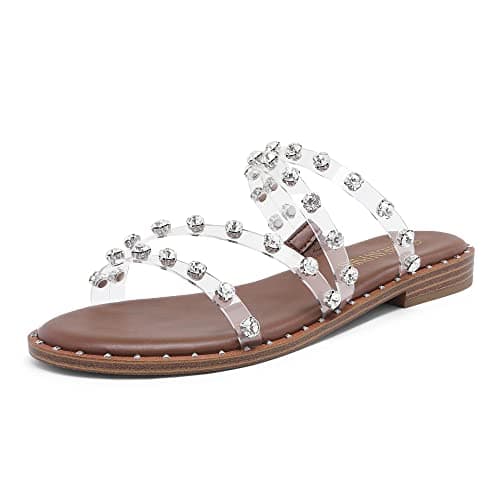 DREAM PAIRS Women's Clear Studded Rhinestone Slide Sandals Slip on Open Toe Cute Flat Sandals for Summer,Size 5,CLEAR/RHINESTONE,SDSS2213W