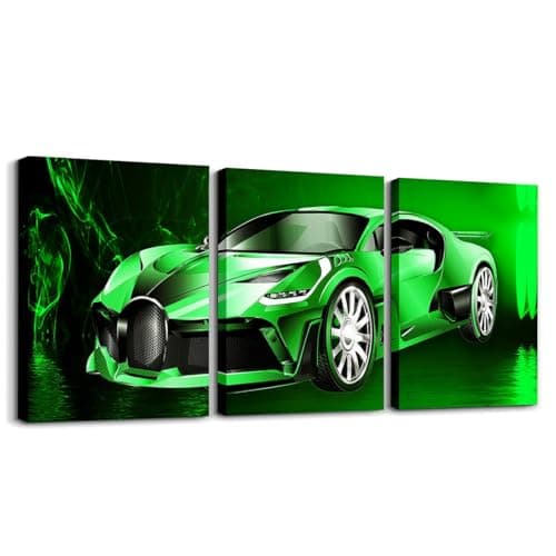 Feelyou Racing Car Posters Picture Wall Art Teens Boys Sports Car Kids Canvas Painting Black and Green Decorations Wall Art for Home Living Room Bedroom,12x16 Inch 3 Piece