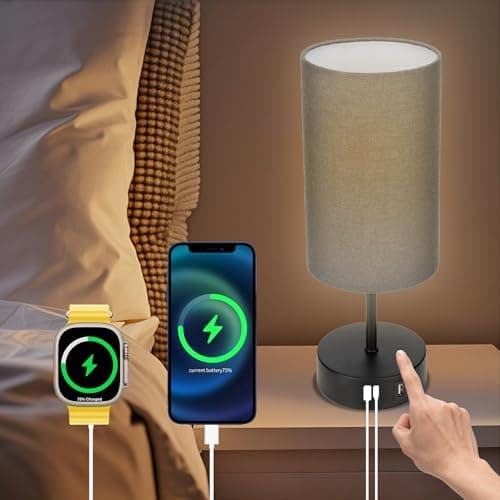 WANKAIX Bedside Table Lamp for Bedroom - 3 Way Dimmable Touch Lamp USB C Charging Ports and AC Outlet, Black Base Round Flaxen Fabric Shade for Living Room, Desk, LED Bulb Included(Black)