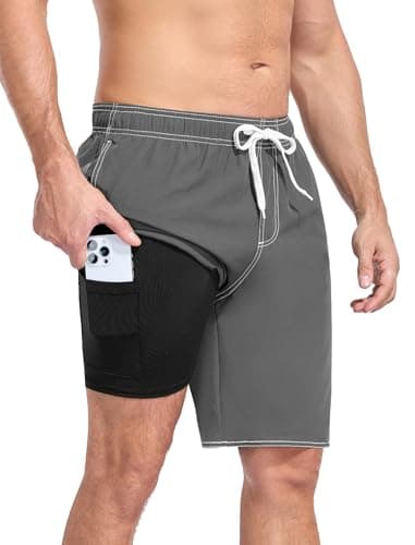 YnimioAOX Men’s Swim Trunks with Compression Liner 9 Inch Bathing Suits 2 in 1 Quick Dry Board Shorts with Pockets,Gray,XXL