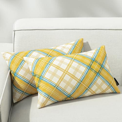 Phantoscope Buffalo Plaid Throw Pillow Covers Farmhouse Check Pillows Spring Decorative Pillow Cover Indoor Outdoor Throw Pillows Twill Square Pillow Cases for Home Decor Yellow,12 x 20 Inches