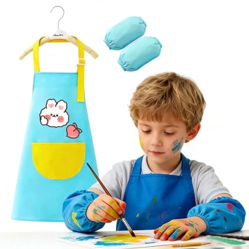XIAOTAOQI Kids Aprons for Girls and boys Toddler Aprons with Pockets for Kids Cooking Baking Painting Crafting Art Gardening Adjustable Apron wiht a pair sleeve Bright blue Light Blue 2-6