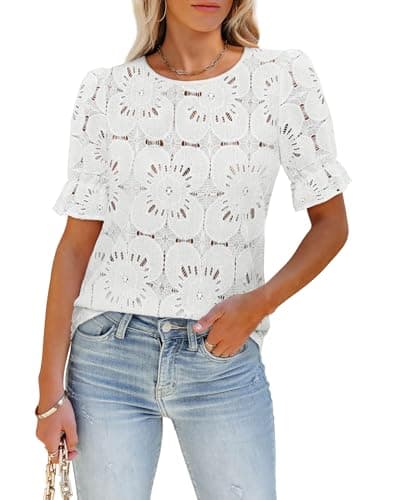 LUXVEER Blouses for Women Dressy Casual Eyelet Lace Floral Embroidered Cute Tops 2026 Trendy Summer Night Out Boho Shirts White S
