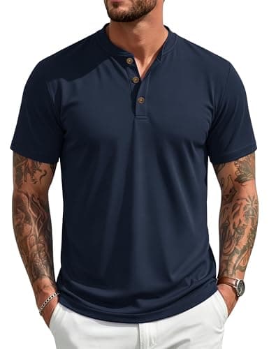 MAGCOMSEN Men's Henley Short Sleeve Shirt UPF 80+ Moisture Wicking Polyester Shirts Button T-Shirts Casual Basic Tees Navy