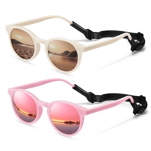 Vcarsian Cute Kids Polarized Sunglasses,Baby Sun Glasses with Strap for Toddler Girls Boys Flexible Round UV Protection Glasses Age 0-6