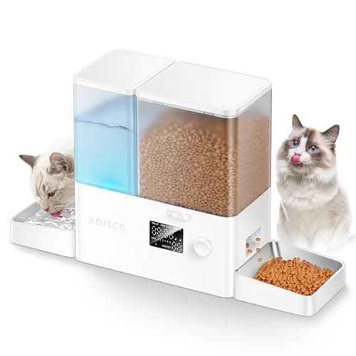 ROJECO Automatic Cat Feeder and Water Dispenser,2-in-1 Large Capacity 5L cat Food Bowl and 3.5L Gravity Water Dispenser,Timed Cat Feeder for Cats Small Dogs Puppies Kittens Pets