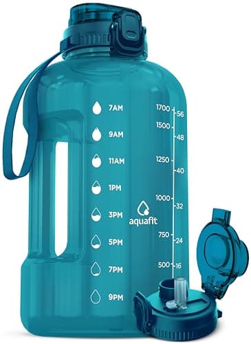 AQUAFIT Half Gallon Water Bottle with Time Marker - Straw & Chug Lid - BPA Free Gym Water Bottle with Straw - Big Gallon Jug (Aqua, 64 oz - 2in1 Lid)
