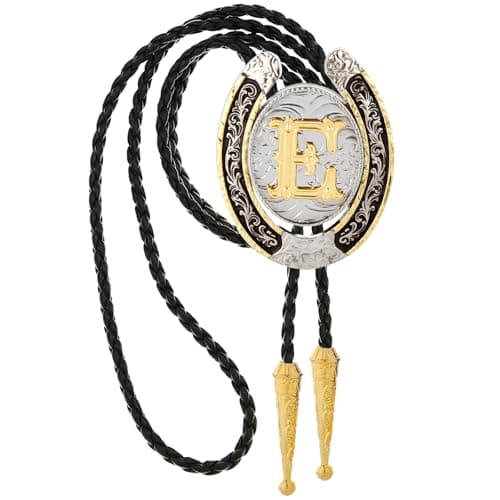 HUABOLA CALYN Gold Bolo Tie for Men- Golden Initial Letter ABCDMJR to Z Native American Western Cowboy Bolo Tie Cowboy Leather Necklace Necktie Customue Accessories for Women (E)