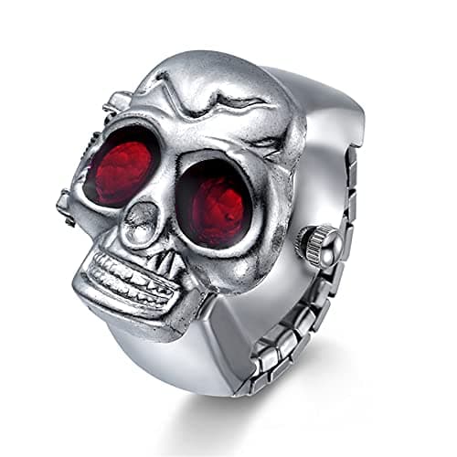 JewelryWe Men Women Finger Watch Punk Skull Flip-Open Cover Quartz Analog Ring Watches, Adjustable Size,