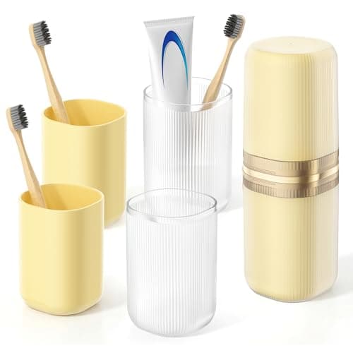 Quatish 4-in-1 Toothbrush Travel Case, Portable Toothbrush Holder with 4 Rinse Cups, Large-Capacity Storage for Toothbrush & Toothpaste, Ideal for Travel, Home, Camping, Gym, Business Trip (Yellow)