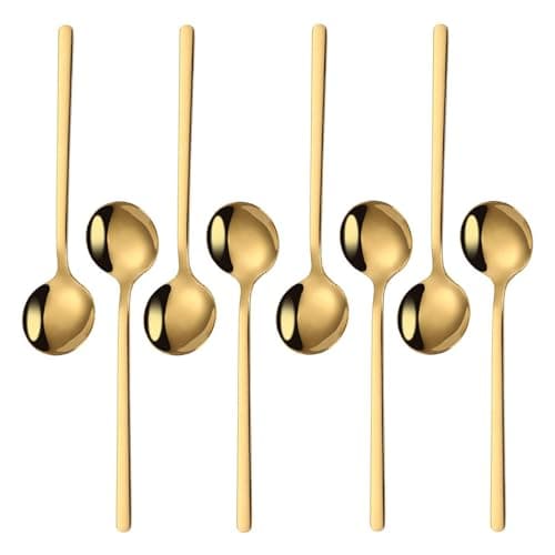 Mafier 8-Piece Gold Coffee Spoons Set, 5.24-inch Small Stainless Steel Dessert Spoons, Food Grade SUS 304 Tea Spoons with Long Handle, Mirror Polished Stirring Spoons for Espresso, Dessert, Cake
