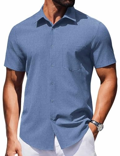 COOFANDY Wrinkle Free Dress Shirts for Men Short Sleeve Button Down Shirts Untucked Summer Lightweight Collared Dress Shirt Blue XL