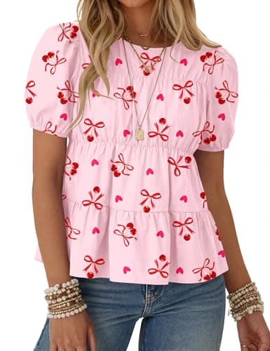 Rapbin Womens Tops and Blouses for Work Puff Short Sleeves Baby Doll Peplum Cotton Shirts Bow (Pink Bow S)