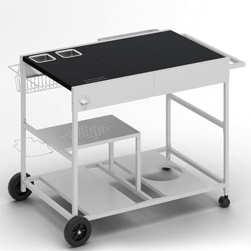 24"x37" Outdoor Tabletop Grill Table Stand, Pizza Oven Cart Table with Topping Station and Wheels, Movable Food Prep Workcart Fits for Ninja Blackstone Woodfire Grill