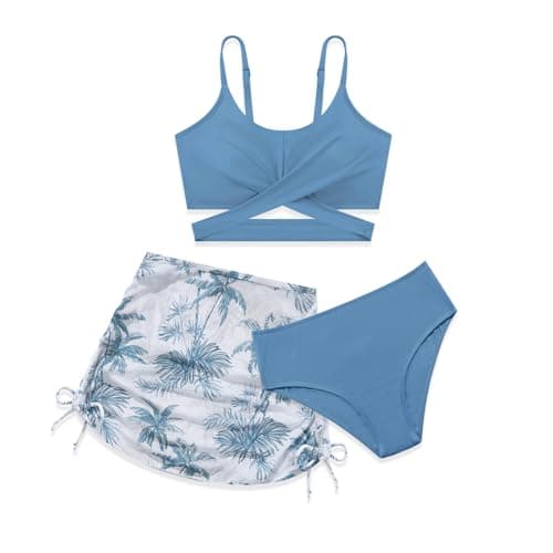 Weixinbuy Teen Girls 3Piece Bathing Suit Criss Cross Spaghetti Straps Bikini Set with Cover Up Tropical Print Beach Skirt Blue Palm