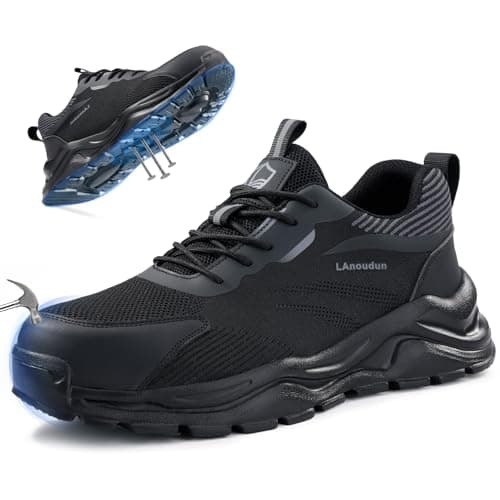 KGJIANDA Steel Toe Shoes for Men, Lightweight Safety Work Shoes, Breathable Puncture-Resistant Work Shoes for Warehouse, Factory and Light Construction, Black