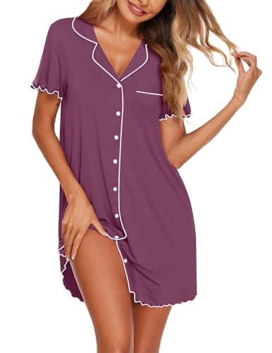 Ekouaer Nightgowns for Women Button Down Sleep Shirt Short Sleeve NightShirts Boyfriend Sleepdress Soft Pajama Dress,Purple,Medium