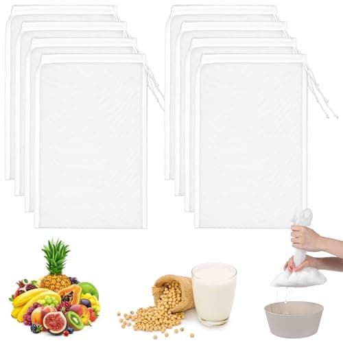 8PCS Nut Milk Bag, 12x8 Inch Reusable Food Strainers, 200 Mesh Cheese Cloth Bag, Fine Mesh Nylon Nut Bags for Yogurt, Juice, Cold Brew Coffee, Tofu, Tea, Cheese, Beer and Almond Milk