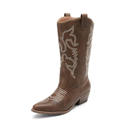 DREAM PAIRS Women's Cowboy Boots Pull On Cowgirl Boots Mid Calf Western Boots, Available in Regular and Wide Calf,Size 6.5,Brown-Pu,SDMB2218W