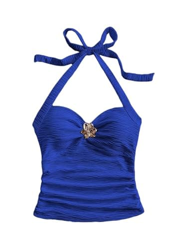 SOLY HUX Women's V Neck Halter Tops Open Back Y2k Ruched Floral Metal Summer Going Out Cami Tops Royal Blue Large