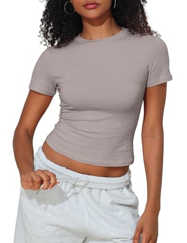 PrettyGuide Women's Short Sleeve Summer T Shirts Crew Neck Trendy Baby Tee Slim Fitted Basic Tops Oyster XL