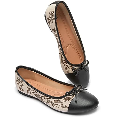 BABUDOG Womens Flats Shoes with Pomegranate Embroidery,White Flats with Bow,Comfortable Round-Toe Flats Shoes,Black Dress Shoes for Women(Soft Memory Foam Insole)(Black Apricot.US6)