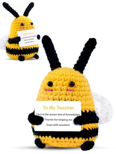 PinCute Bee Gifts Positive Crochet Animals: Birthday Gifts for Women Friends Sister Mom Wife Mother's Day, Cute Funny Bee Dolls with Inspirational Support Cards Emotional Potato Room Decors (Teacher)