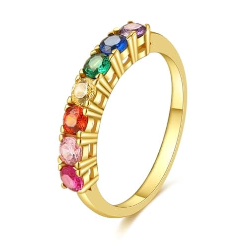 E Rainbow Rings 14K Gold Plated Ring for Women Eternity Jewelry Rings Band Colorful Round Cubic Zirconia CZ Wedding Rings Dainty Gold Rings for Women (6, square cz)