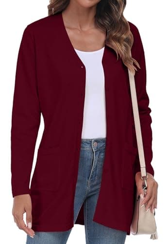 YUNDAI Womens Casual Lightweight with Pocketes Long Sleeve Open Front Cardigan Large Wine Red
